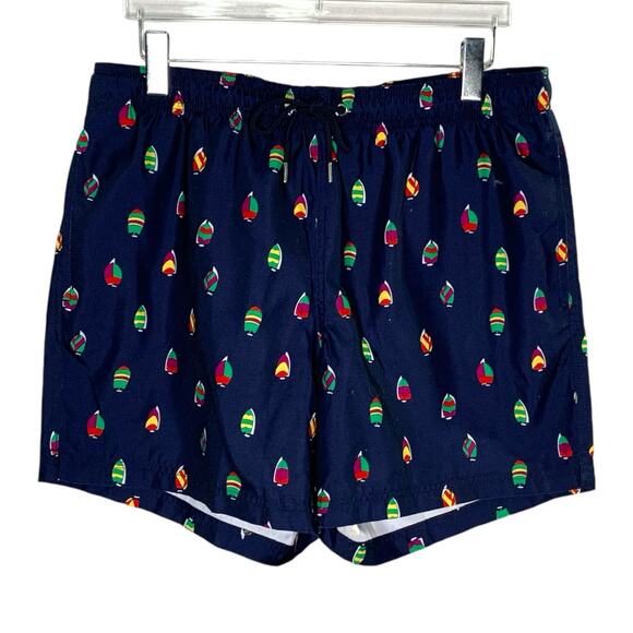 Lands End L Mens Volley Swim Trunks UPF 50 Deep Sea Navy Sailboats - Picture 2 of 11
